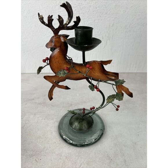 Vintage Handmade Metal Reindeer Glass Base Candle Holder 10.5”HX 7”W Phillipines - Picture 2 of 10
